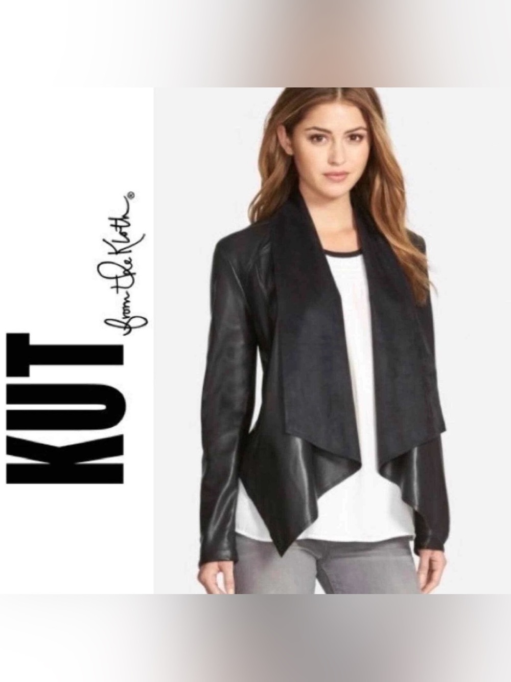 Kut from the Kloth Draped Black Faux Leather and Suede Jacket Medium waterfall